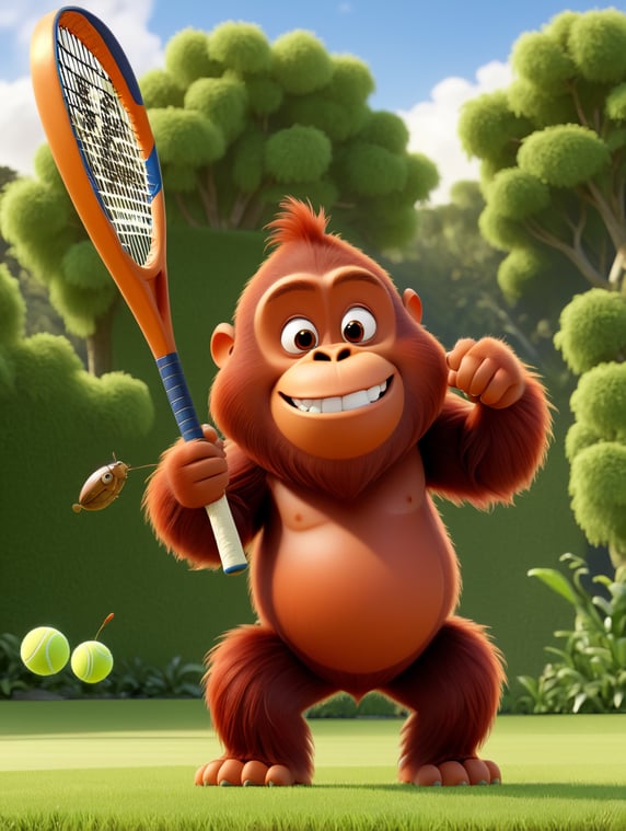 orangutan playing tennis on grass with a cricket bat glossy
