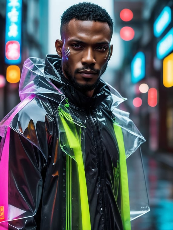 Cyborg black man wearing transparent raincoat, cyborg parts, rainy dark and neon tokio photo shoot, cyberpunk style, bright colours, high contrast, contrast lights