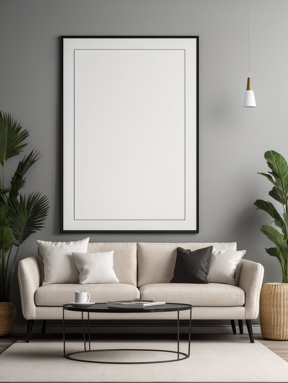 Mockup empty, blank poster frame, sitting on top of a sofa, contemporary style living room