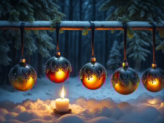 five christmas tree balls on long string, snow, candle