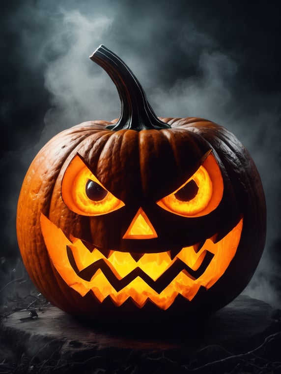 I want you to draw a scary pumpkin with eyes on fire on Halloween on a gloomy background.