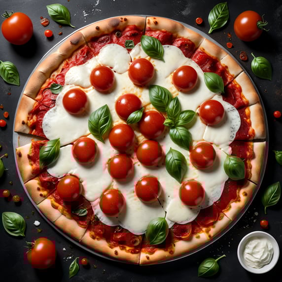 Photorealistic photo of a pizza, point of view from top, simple dressing, only 2 buffalo mozzarella slices, fresh basil, 5 small red cherry tomatoes