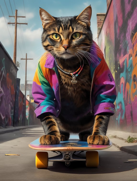 A black cat riding a skateboard wearing colorful clothes, a backdrop with graffiti; Um gato preto andando de skate usando roupas coloridas, um cenário com grafites