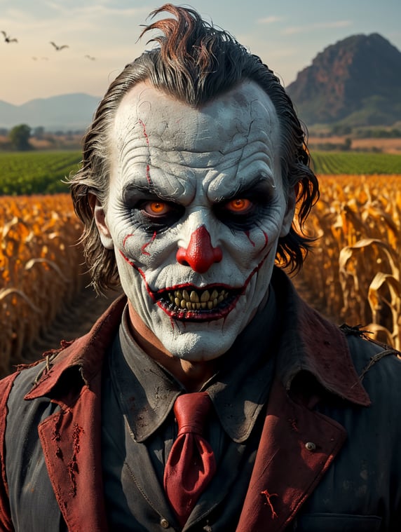 By A24, chilling Halloween dusk, Joaquin Phoenix as a sinister, grotesque scarecrow with eerie, bloodshot eyes, haunting the eerie cornfields, surreal fright, Halloween charm, cinematic photography, action shoot, movement, epic, high definition