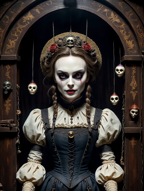 By Tim Burton and Jim Henson, visualize Keira Knightley as a haunted marionette, trapped in a sinister, abandoned puppet theater, eerie, whimsical, Halloween, cinematic photography, action shoot, movement, epic, high definition