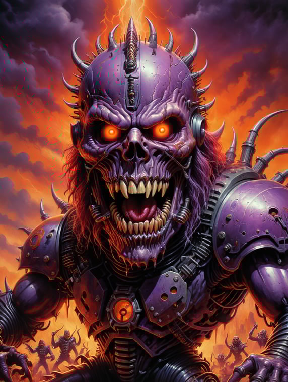 1987 scary heavy metal art, scary psycho killer monster, 80s scary horror illustration, no text, mk ultra, iron maiden, 80s illustration of futuristic heavymetal band, monster, cybernetic prison, metal art, red, orange and purple hues