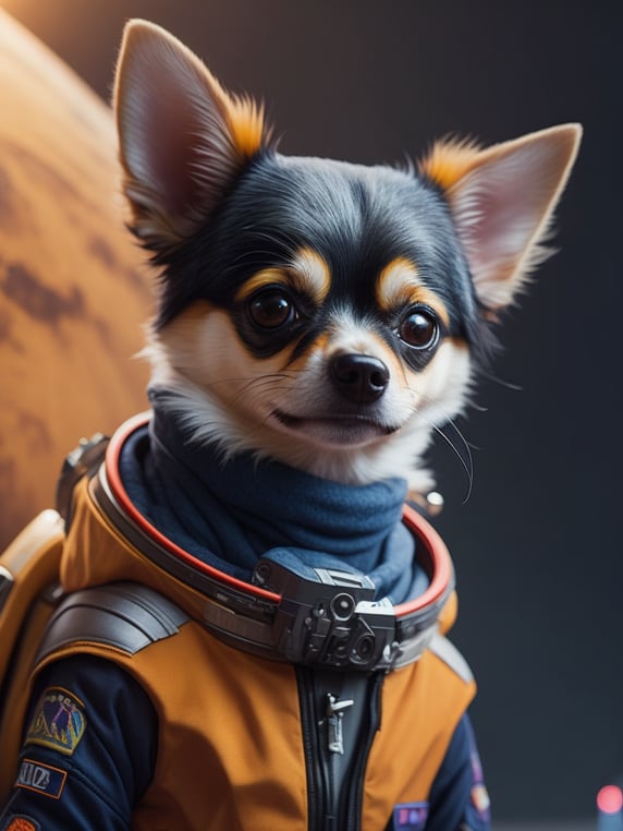 A Chihuahua like a Rocket Raccoon from Guardians of the Galaxy wearing astronaut costume on the Mars