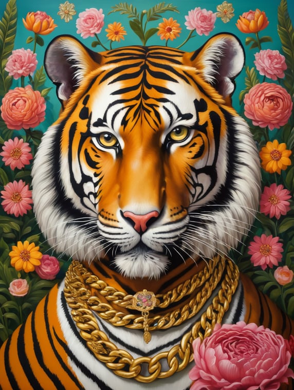 a brutal tiger with gold chain on neck, flowers background, flat color, style of Catherine Nolin, Painting, Acrylic, Oil, Portrait, Interior, USA