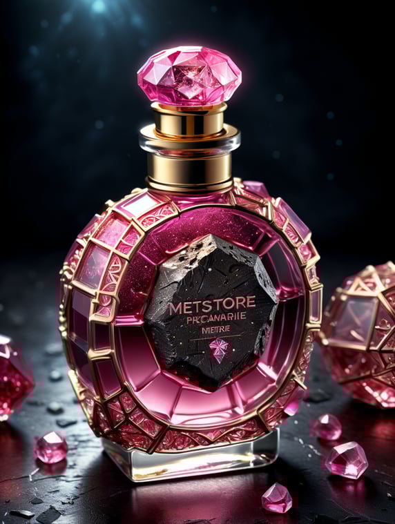 in the image a bottle of pink perfume in the shape of a meteorite