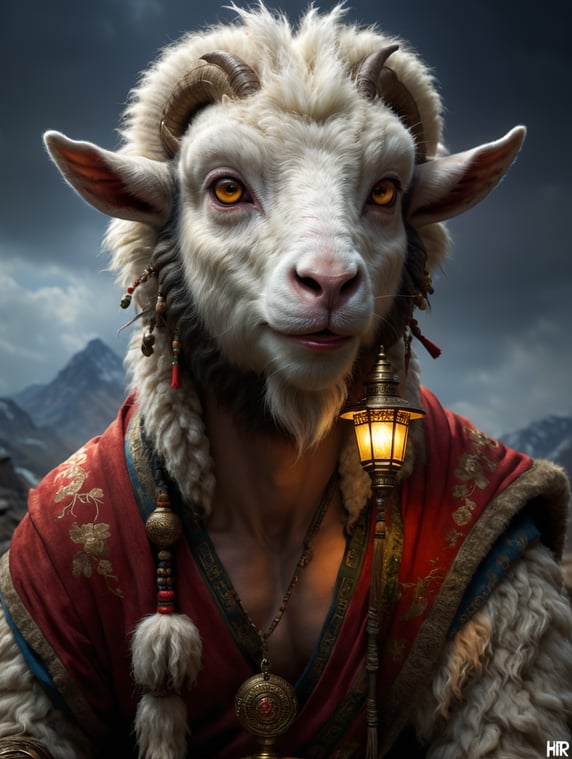 faun, lamp, furry, fur skin, goat eyes, sheep lips, wearing asian clothing, only one pair of ears.