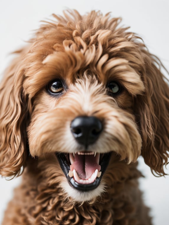 australian labradoodle seat smiling on whithe background (limbo white) (((white background))) smiling (((smiling))) (((happy))