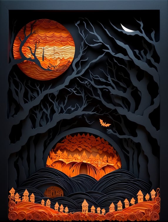 A pumpkin patch at night dark scene with dark orange hues, spooky but elegant