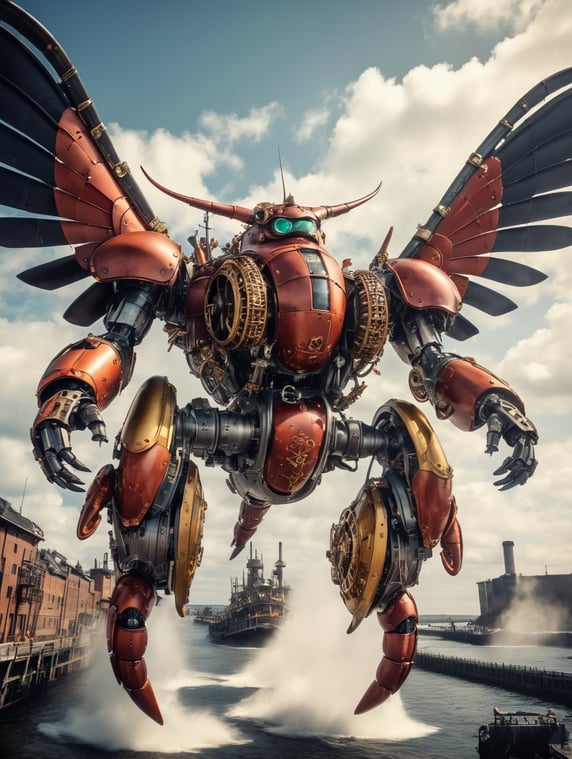 910 coloured photo of Flying mecha steampunk lobsters industrial revolution, extra details, wide angle