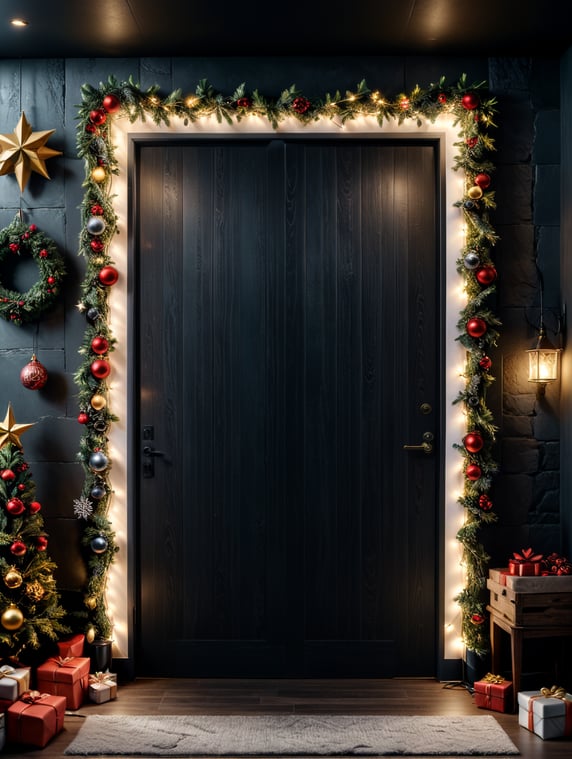 vertical frame wall mockup, nursery with christmas decorations, neutral colors and christmas lights