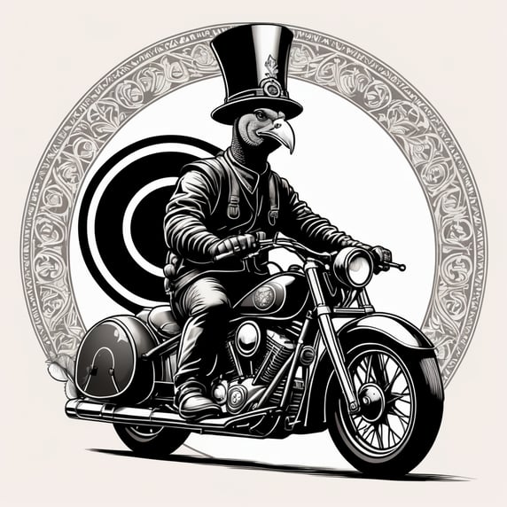 an illustration of a turkey with a pilgrim hat riding a motorcycle, 2d circular design, ink and pen illustration