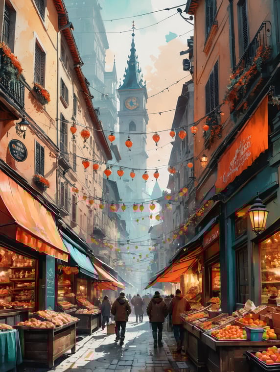 Craft a collage-style graphic featuring iconic elements from different European cultures, such as Christmas markets, fireworks, and traditional holiday foods. Arrange these elements in an endless, interconnected pattern to evoke the idea of an everlasting celebration