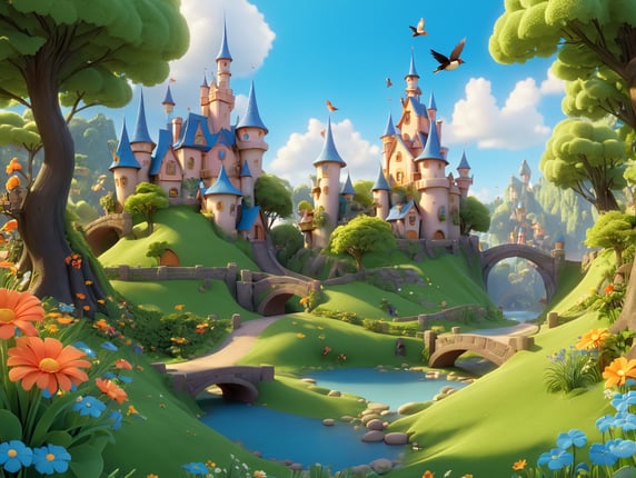 Fairy city with trees, flowers and birds