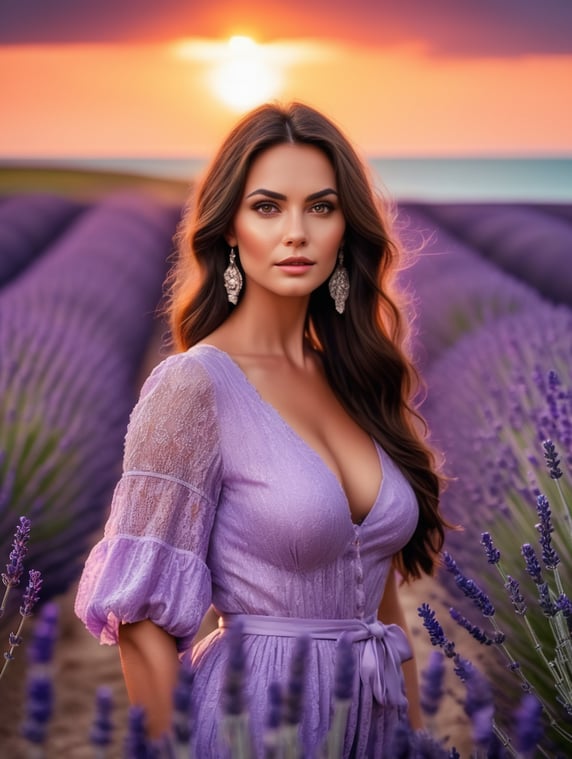 Most beautiful brunette woman in the history of the world standing in a field of lavender near the sea, dramatic lighting, vivid colors, blurry background, sunset