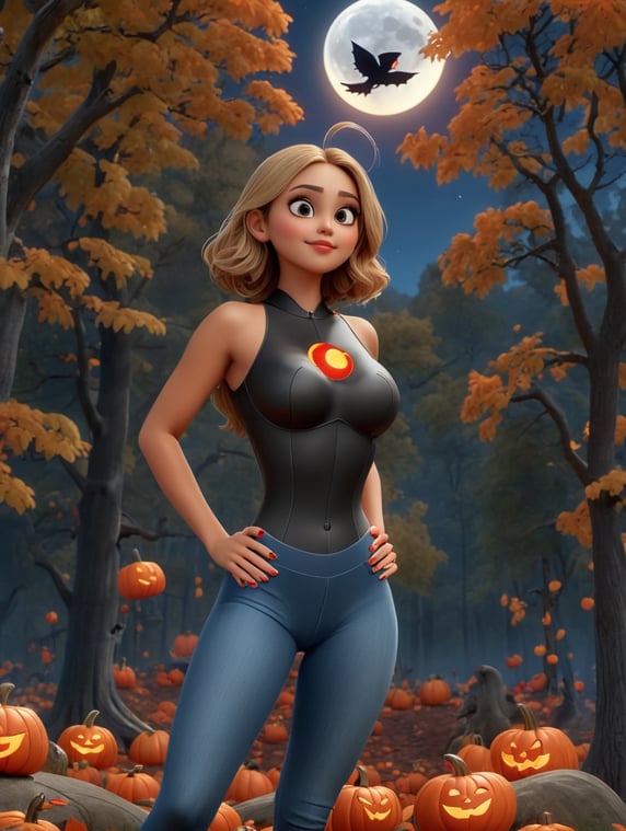 Eiza González, Dark Night, In the background a forest, A bright moon, Halloween day, black crows, tits, pumpkins, A red gerbera on the head on the right side, black leotard, blue jeans
