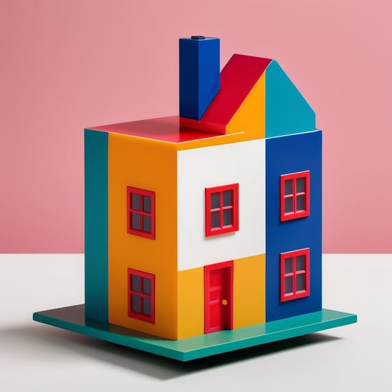 Vinyl toy for a 5-year-old child of a house inspired by the architecture of Luis Barragán with vibrant colors placed as if it were a work of contemporary art. Encapsulated in resin.; Vinil toy para Niño de 5 añosde una casa inspirada en la arquitectura de Luis Barragán con colores vibrantes colocado como si fuera una obra de arte contemporáneo. Encapsulado en resina.