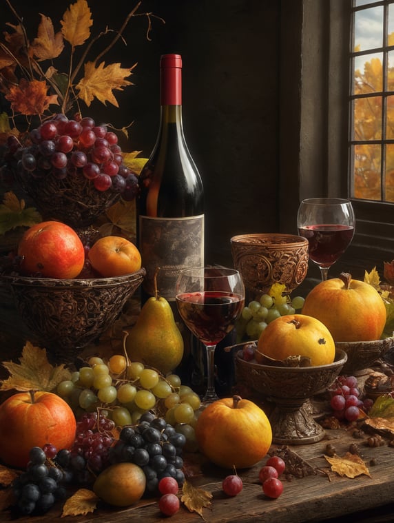 autumn still life with wine and fruit