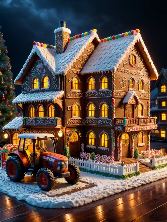 Ginger bread house with for sale sign and a tractor