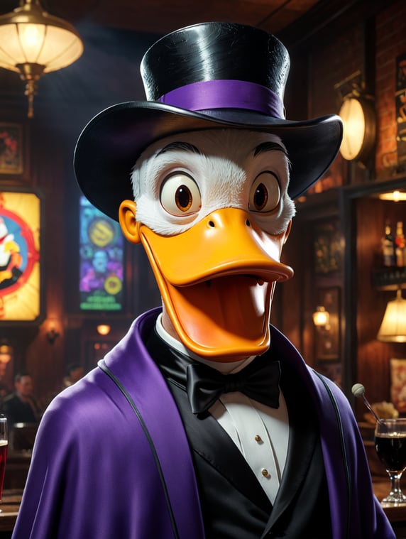 "Darkwing Duck" is an American animated series of 1991-1992 in the action-adventure genre, created by Walt Disney Television Animation studio based on the idea of ​​Ted Stones and first broadcast in 1991-1992 in the USA in the block "The Disney Afternoon" and Sunday mornings on ABC[1]. The plot of the series revolves around the title character - a mysterious superhero drake, in ordinary life - a suburban resident and family man, Quack Lapchaty. Create a picture where the main character sings a song about love in a karaoke bar, he is in a black robe and has a microphone in his hand; «Чёрный Плащ» (англ. Darkwing Duck) — американский мультсериал 1991—1992 годов в жанре экшн-адвенчур, созданный студией Walt Disney Television Animation по идее Тэда Стоунсаruen и впервые транслировавшийся в 1991—1992 годах в США в блоке «The Disney Afternoon» и по воскресеньям утром на канале ABC[1]. Сюжет сериала вращается вокруг заглавного персонажа — загадочного супергероя-селезня, в обычной жизни — жителя пригорода и семьянина Кряка Лапчатого. Создать картинку, где главный герой поет песню про любовь в караоке баре, он в черной мантии и в руке его микрофон