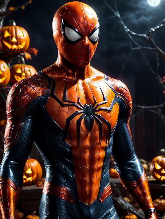 Spider man in a halloween suit, scary halloween outfit man