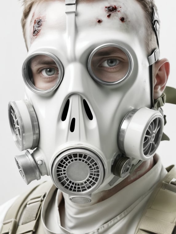 A face with half a gas mask and half a zombie, the background is transparent; Yüzünün yarısı gaz maskesi yarısı zombi olan bir yüz,arka plan şeffaf
