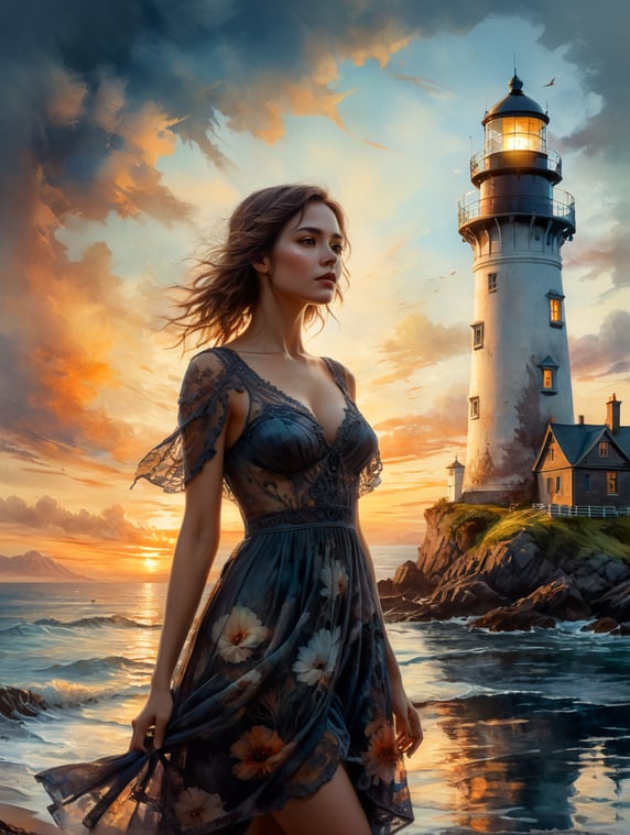 Digital fantasy double exposure watercolor silhouetted pretty young woman with a lighthouse sunset in the dress, by Waterhouse, Carne Griffiths, Minjae Lee, Ana Paula Hoppe, Stylized watercolor art, Intricate, Complex contrast, HDR, Sharp, soft Cinematic Volumetric lighting, flowery fractal colours, wide long shot, perfect masterpiece