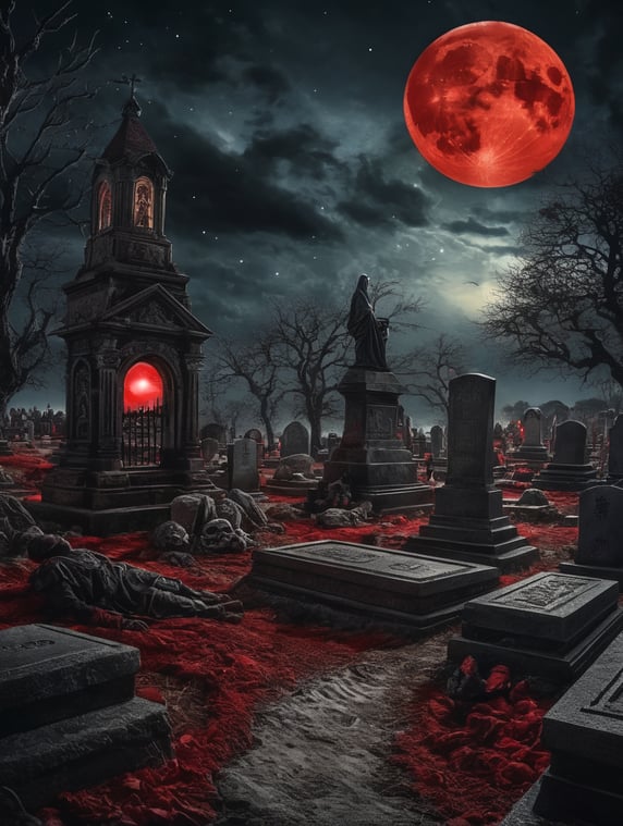 Night cemetery, in the foreground there is a witch, in the background there are dead people coming out of their graves, the night sky and the red moon with the right texture, night stars and dramatic clouds. Depth of field.