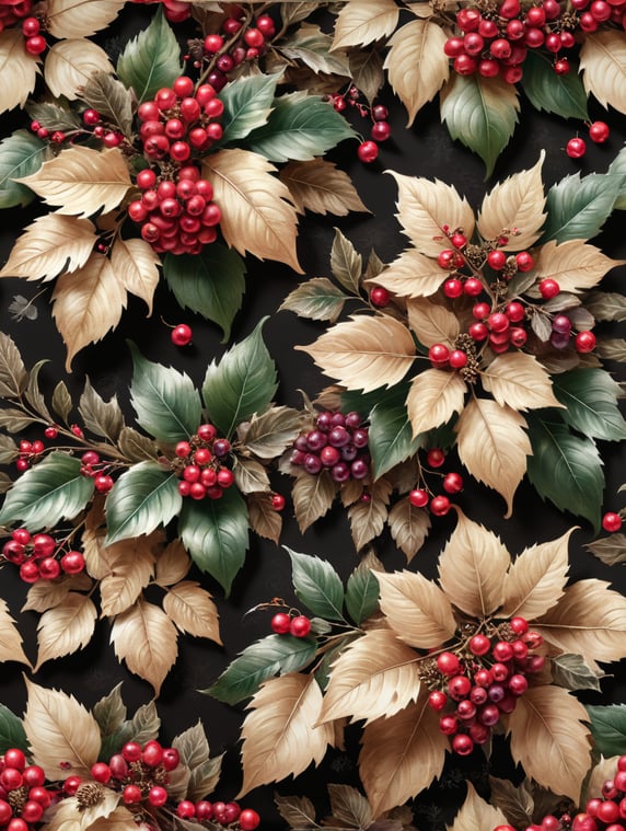 two shades of beige ink design christmas flamboyant background with berries and leaves
