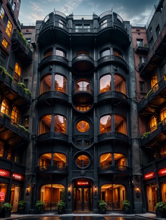 the craziest, bentwood, far view lens architectural modern style hyper realistic hyper detailed neocosmic exterior architecture design of a fly Fluid complex facade, geometric shapes spectrum, black::1 red:3, Antoine Blanchard architecture art style, in new York city, dramatic ambient, natural lighting