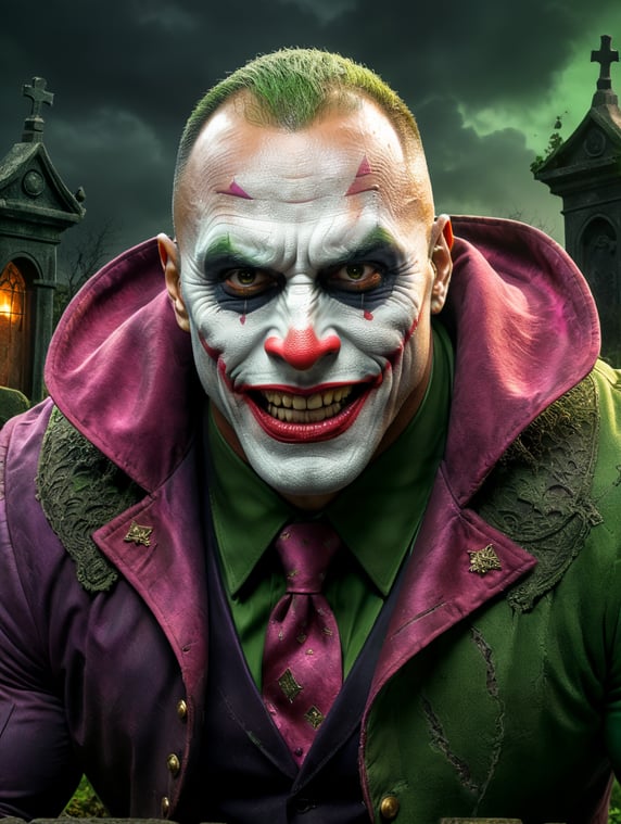 Portrait of Dwayne Johnson in a joker costume for Halloween, scary makeup on his face, dark atmosphere, vintage style, green and pink colors, highly detailed photo, professional photo, against the backdrop of an old creepy cemetery, contrasting light, bright colors