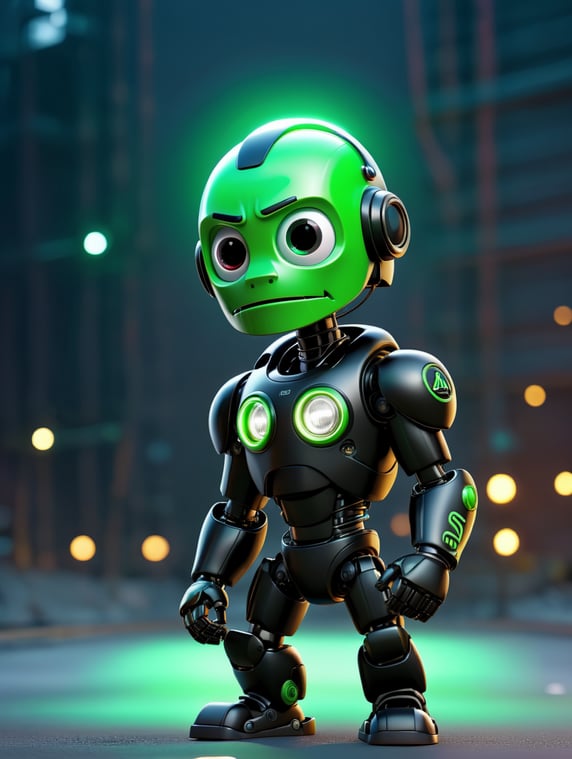 a black and green robot in a helmet in front of a camera with neon lights, octane render, polished craftsmanship. walking a manufactory. sci fi, future, construction, wires, lights, sparks.