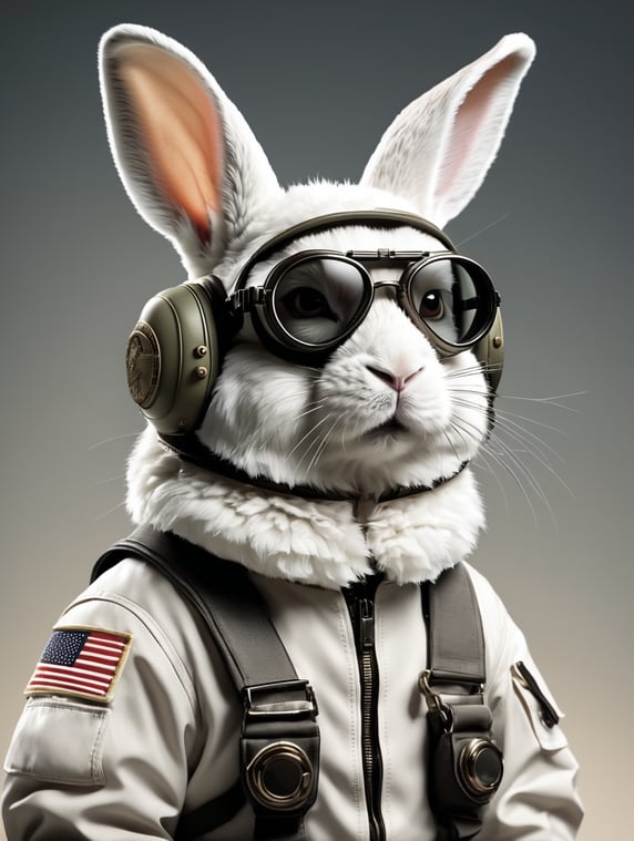 Genuis rabbit wearing pilot suit and glasses
