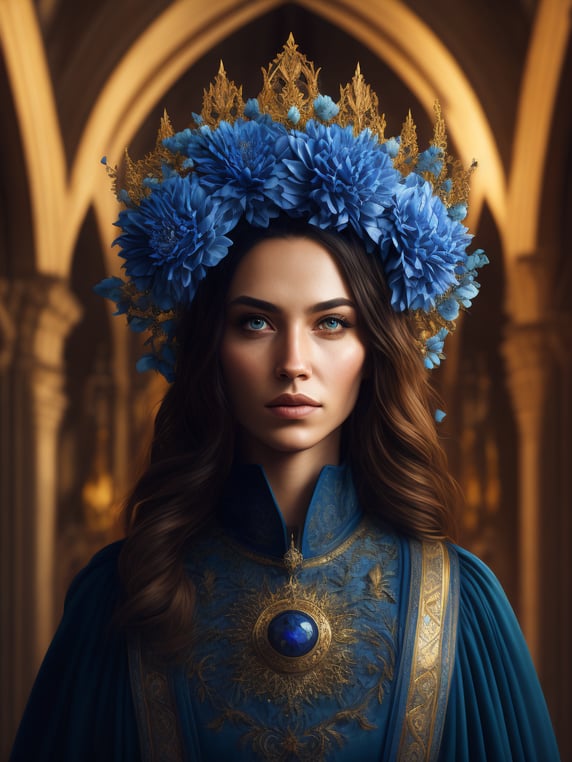 Portrait of a beautiful woman with a blue flowers crown, interior of a tall gothic cathedral, dramatic lighting, incredibly high detail, romantic style art, architectural, sun rays, saturated colors