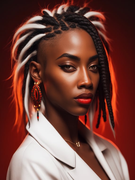 black girl with dreadlocks & a Doberman red background red light reflection face white hair beauty fashion portrait diversity