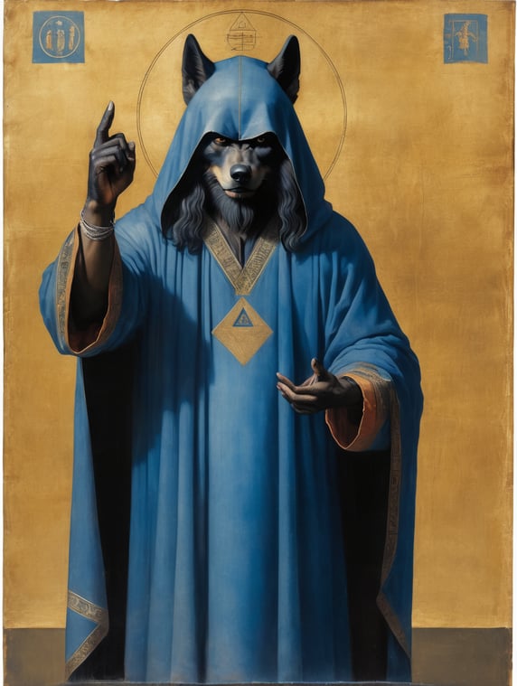 icon painted by Leonardo Davinci, portrait of a human with a black angry Wolf head, clothes in a blue coverlet, hand crossing fingers, glow around the head in the form of a triangle