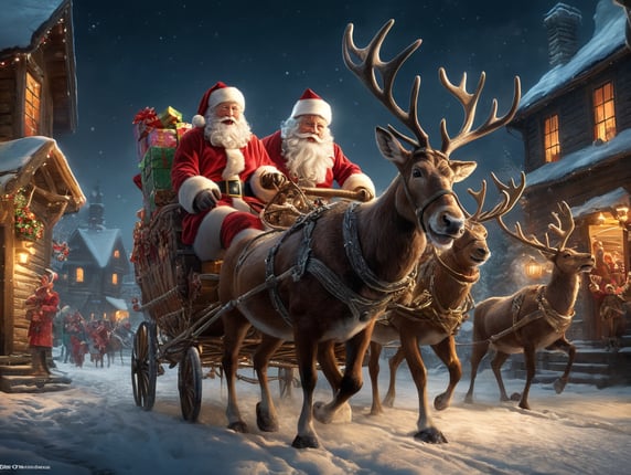 Santa Claus and his reindeer are delivering presents