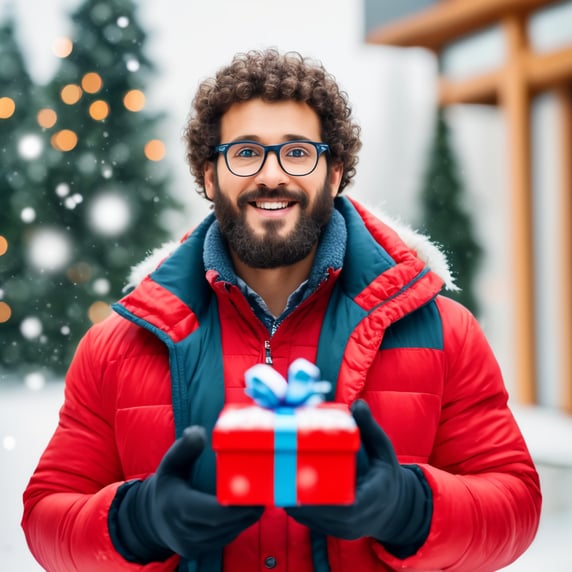 portrait of a bearded curly man wearing red puffer jacket, reeding glasses, stands front camera with gift box his hand, snowy weather, Christmas time, blurry background