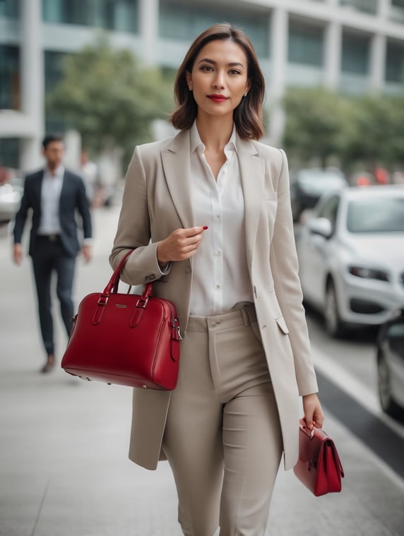 Business woman going on business travel, with a small red leather handbag on her shoulder