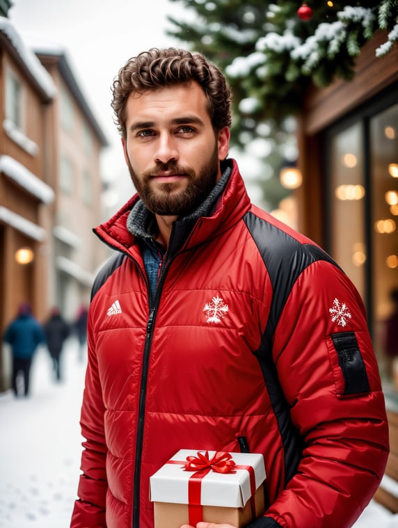 portrait of a bearded curly man wearing red puffer jacket, stands front camera with gift box his hand, snowy weather, Christmas time