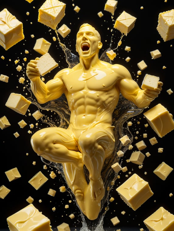 a a person made of butter object, floating in mid air, trippy, looks like a porcelain, structure, gloss, otherworldly, nature, photorealism, rave, butter colour background, light butter, butter, yellow