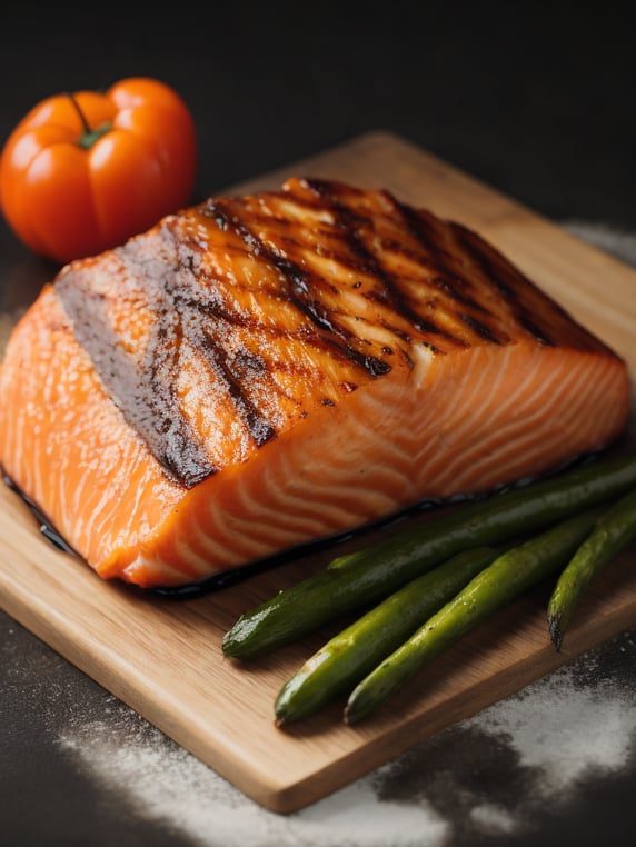macro photography of a grilled piece of salmon with grilled vegetables. on a wooden board black background