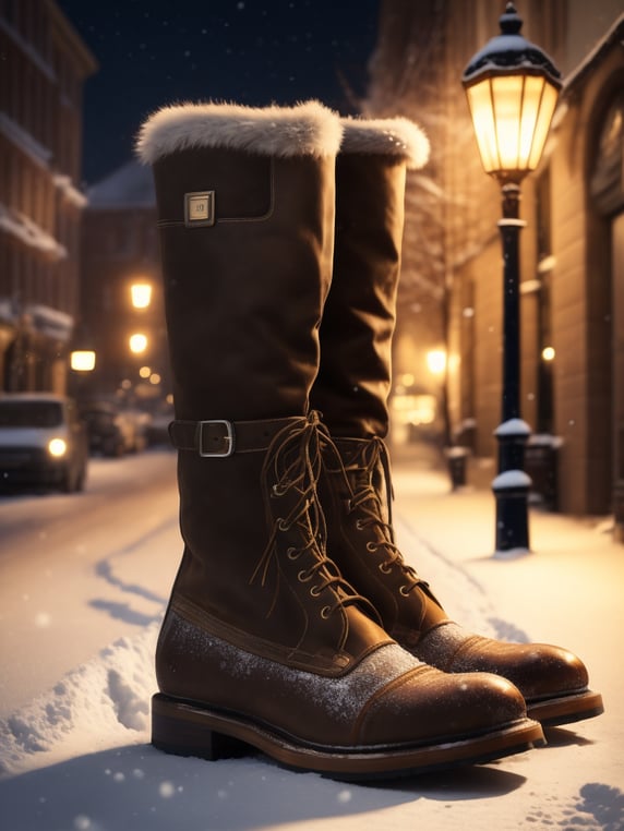 Dubarry Galway Country Boot in Walnut Colour in a winter setting with snow on the boot on a town street at night time with a light shining on the boot coming from a streetlight