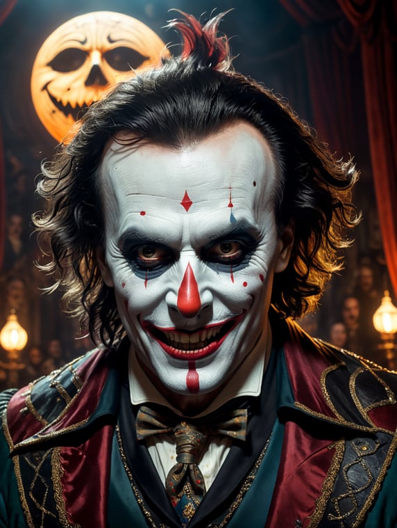 By Edgar Allan Poe and Salvador Dali, imagine Johnny Depp as a haunted harlequin, with a twisted smile and ghostly makeup, lurking in the shadows of a moonlit, abandoned circus, eerie, surreal, Halloween, cinematic photography, action shoot, movement, epic, high definition --ar 3:4