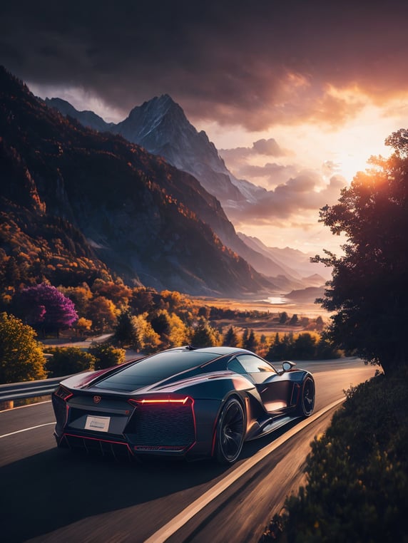 Illustration of super cars by dan mumford, alien landscape and vegetation, epic scene, a lot of swirling clouds, high exposure, highly detailed, fantastical, vibrant purple tinted colors, uhd