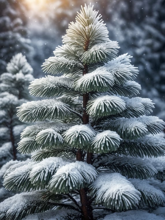 A close-up photo of frosted winter pine with layered snow in the theme of Christmas, bright and saturated colors, depth of field
