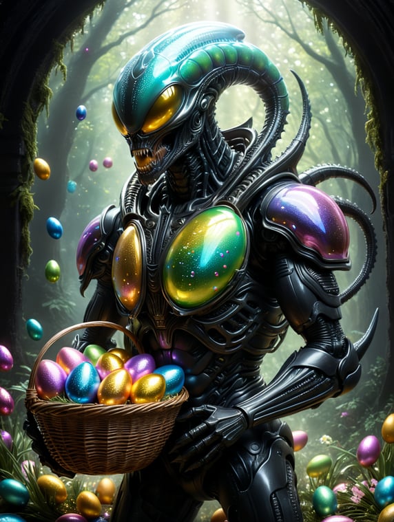 Iridescent xenomorph carrying a basket of Easter eggs, glitter, shiny, luminescent, sparkles, bubbles